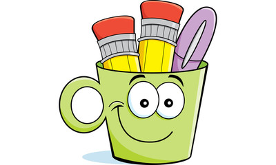 Cartoon illustration of a cup filled with pencils and a pen.