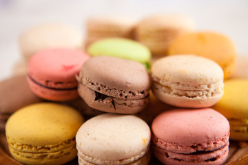 French macaroons. Coffee, chocolate, vanilla and raspberry macar