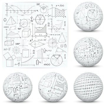 Mathematical and Scientific Math Formula Vector Symbols and Icons  - Flat and Textured 3D Sphere Design.