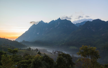 Misty morning along big mountain, Doi Luang in Thailand