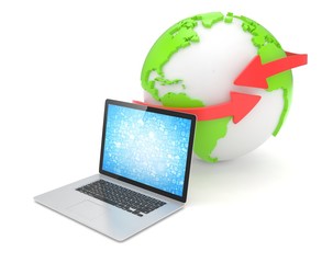 Laptop network and earth globe. 3d render