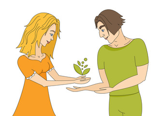 Fototapeta premium Woman gives plant to man. The idea is to protect the nature.