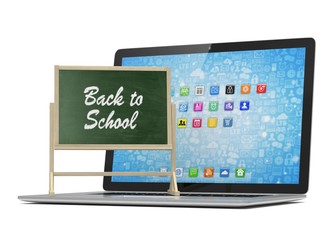 Laptop with chalkboard, back to school, online education concept. 3d rendering.