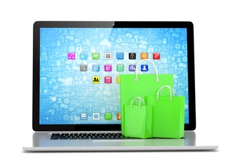 laptop and  shopping pags on white background. 3d rendering.