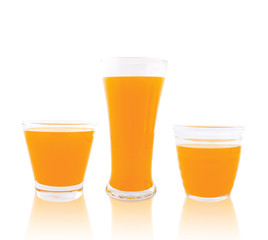 Glass of orange juice isolated on white background. Different glass shapes of juice.