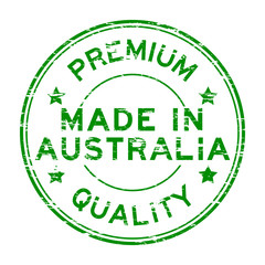 Grunge green made in australia rubber stamp on white background
