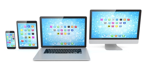 Responsive web design, laptop, smartphone, tablet, computer, display. 3d rendering.