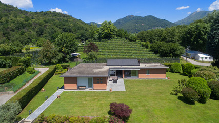 Fototapeta na wymiar modern brick house, aerial view