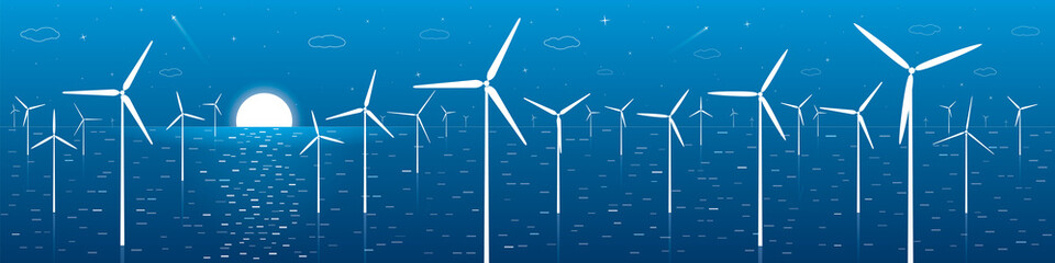 Ecology panorama, windmills, turbines at sea, wind force, energy illustration, vector design art © panimoni