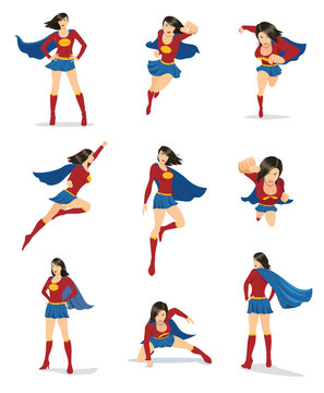 Set of female superhero in 9 different poses. You can place your company name and logo on their chest.