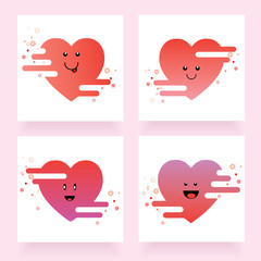 Four modern heart icons with smiling faces in funny, cute cartoon style