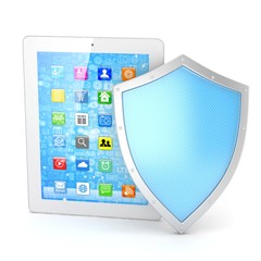 Tablet PC and shield on white device security concept. 3d rendering.