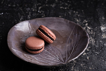 Chocolate french macarons with ganache filling