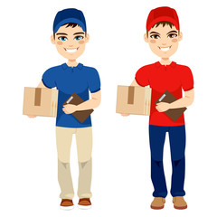 Delivery man carrying mail package and holding portfolio on two different version