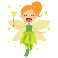 Cute green fairy holding magical star wand flying happy