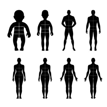 Full length front, back human silhouette set with marked body's