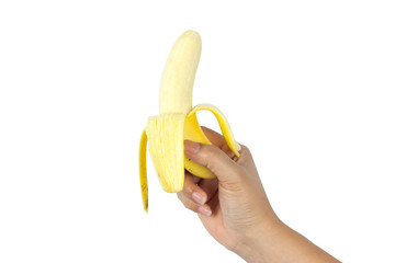 Woman hand hold banana isolated on white background