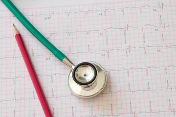 Stethoscope and medical electrocardiogram , ECG diagram and pencil