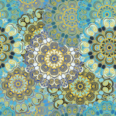 Pastel blue vintage pastel oriental seamless pattern. Indian, arabic, ottoman, turkish, japanese, chinese floral design for background or front-side. Eastern ornament for wrapping or textil.