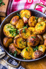 Potato. Roasted potatoes. American potatoes with smoked bacon garlic salt pepper cumin dill parsley - herb decoration.