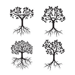 Set Black Tree and Leafs. Vector Illustration.