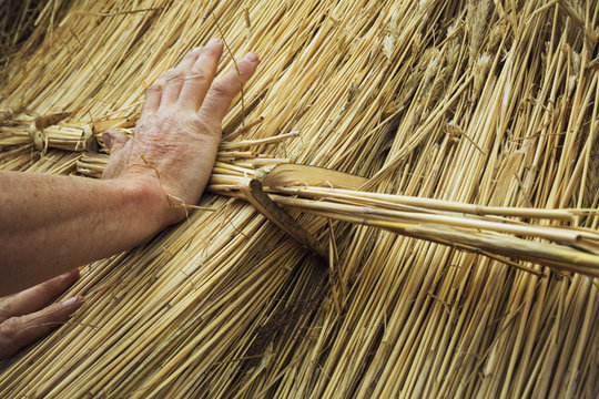 Close up of a man thatching a roof, fastening a bundle of straw with a hazel wood peg.