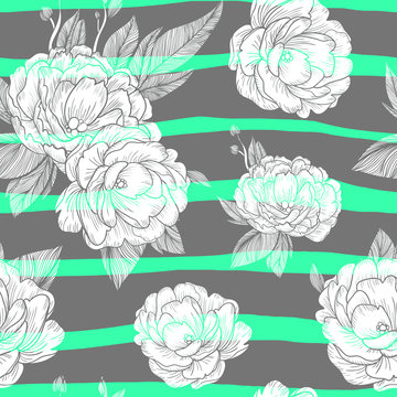 seamless ornament with hand drawn peony flower