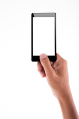 Hand holding smartphone with isolated background