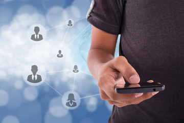Network social concept with Hand holding smartphone connecting people with icon background