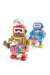 old classic robot toys, isolated on white