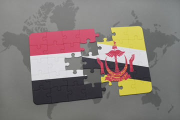 puzzle with the national flag of yemen and brunei on a world map background.