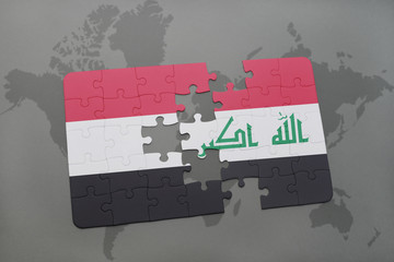 puzzle with the national flag of yemen and iraq on a world map background.