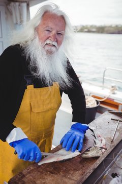 Portrait of fisherman filleting fish