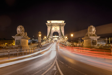 Night shot of Szechenyi Chain Bridge is a suspension bridge spans the River Danube of Budapest, the capital of Hungary.