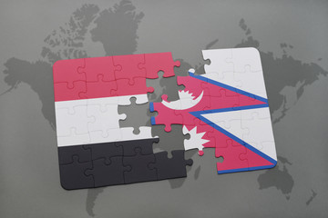 puzzle with the national flag of yemen and nepal on a world map background.