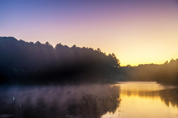 morning in pang oung with the light and shadow and steam over th