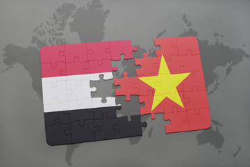 puzzle with the national flag of yemen and vietnam on a world map background.