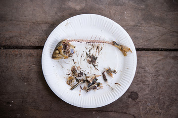 mackerel fishbone on white plate on wooden background.
