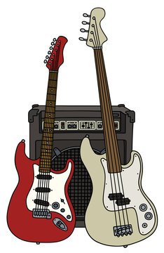 Classic and bass electric guitars with a combo / Hand drawing, vector illustration