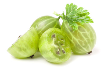 gooseberries with leaf and half isolated on white background