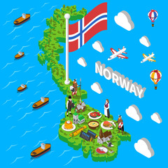 Naklejka premium Norway Map Touristic Symbols Isometric Poster