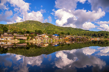 Fototapeta premium Amazing beautiful lake and sky view of village and mountain refl