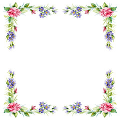 corner frame of red roses and wildflowers. watercolor illustration.