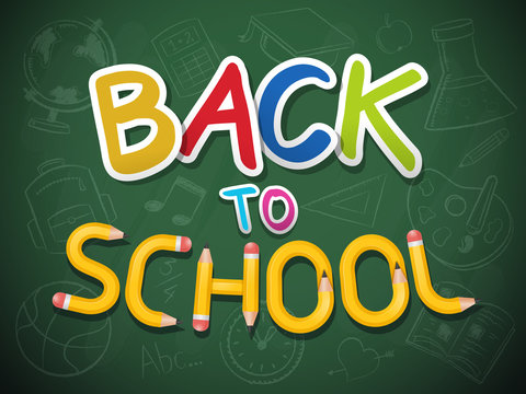 Blackboard with back to school text and chalk drawn school icons vector illustration
