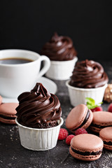 Chocolate cupcakes with thick and glossy frosting