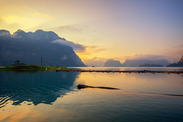 Beautiful morning of mountains lake river sky and natural attrac