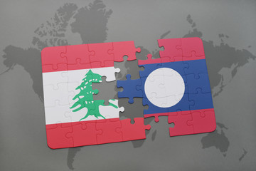 puzzle with the national flag of lebanon and laos on a world map background.