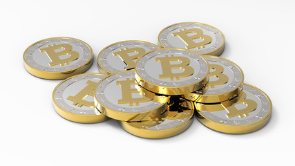 Stack of bitcoins isolated on white. 3D illustration.