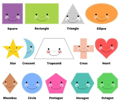 Learn 2D shapes. Cartoon smiling shapes for kids. Isolated. White background