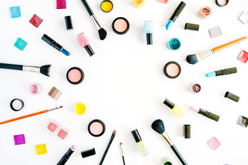 flat lay female cosmetics collage frame with lipstick, brush on white background. top view set